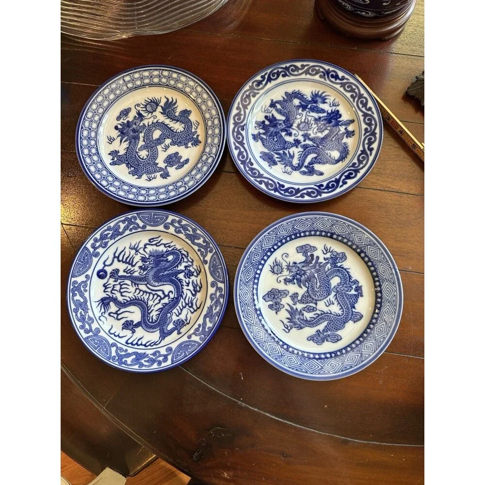 Blue & White China Dragon Motif Plates Bombay Asian Garden Pattern Set Of 4